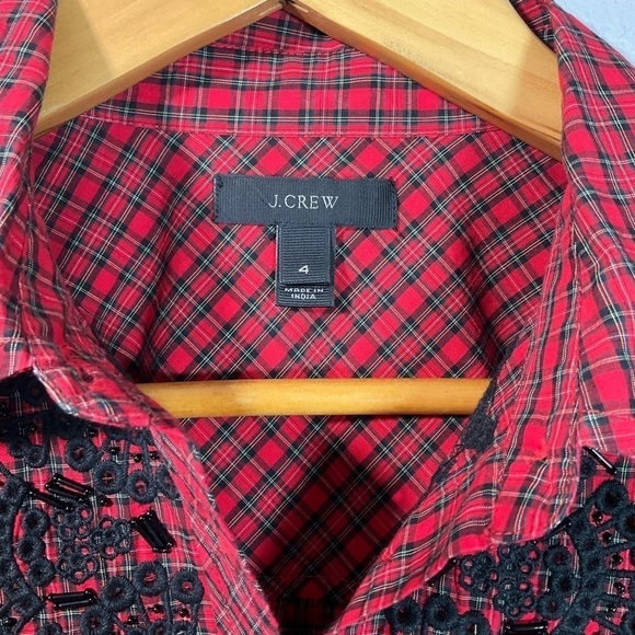 J. Crew Tartan Plaid Ruffled Embellished Buttondown Shirt Red Size 4 T110 - Picture 9 of 10
